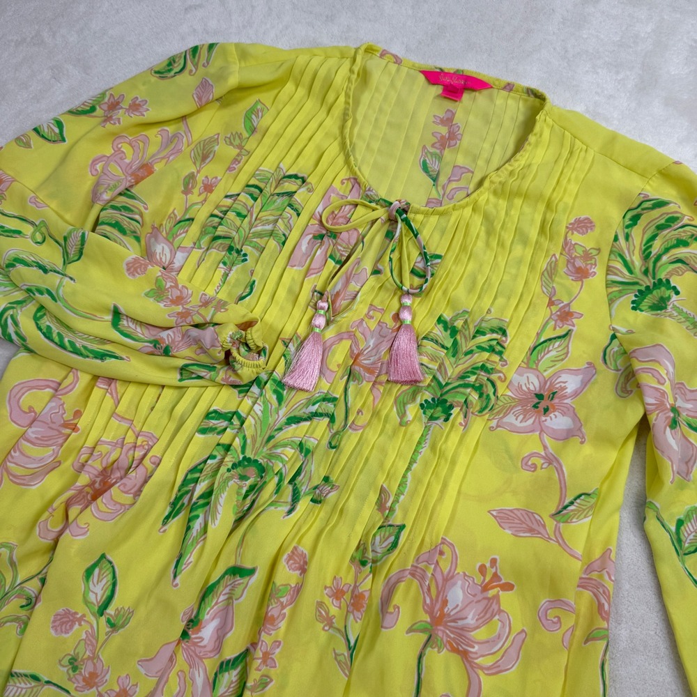 Lilly Pulitzer Yellow Pleated Marilina Tunic Blouse XL Tropical Oasis Finch